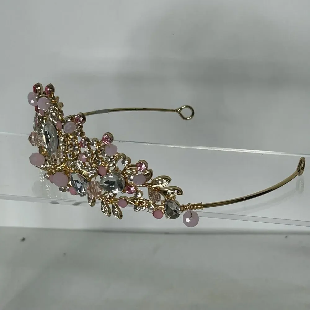 Gold Tone Pink Rhinestone Tiara Floral Princess Crown Bridal Prom Costume